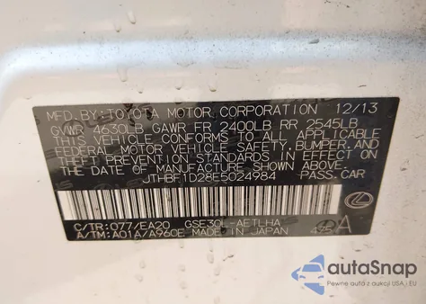 2014 Lexus Is 250 z USA, uszkodzony, nr VIN JTHBF1D28E5024984